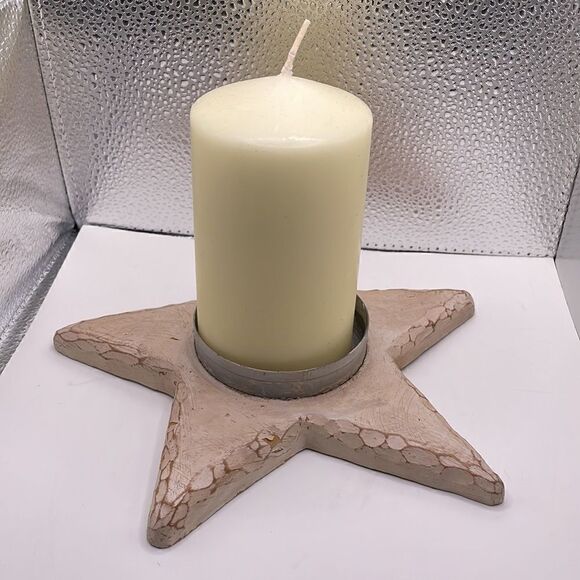 Star Shaped Distressed Wood-Like Candle Holder & Large Candle - Picture 9 of 16